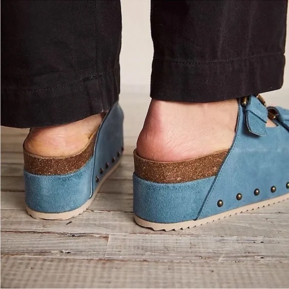 New Free People Rule Breaker Flatform Sandal Shoes Platform Suede Blue Capri 36